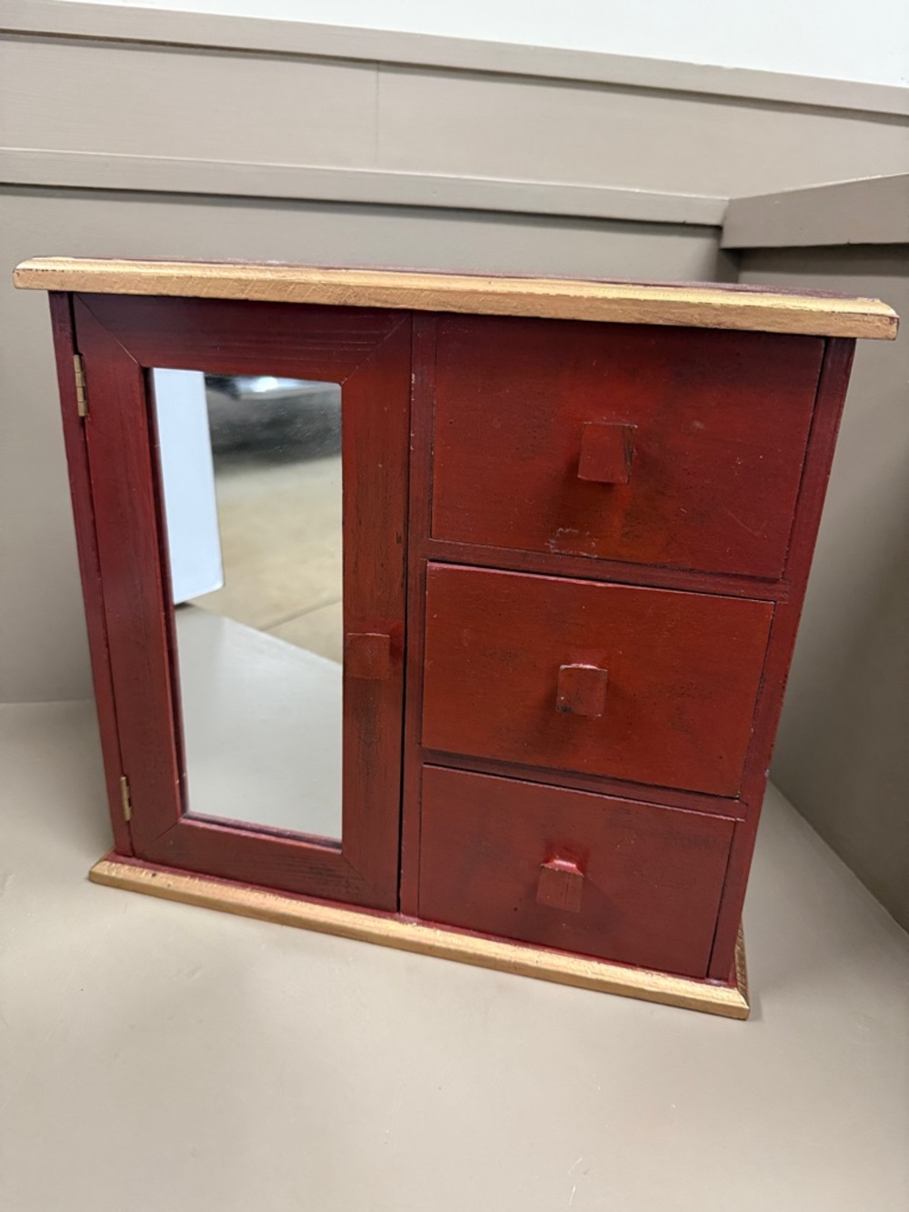 Reddish & Gold Wooden Jewelry Cabinet with Mirror & 3 Drawers. 12” x 13” x 5”